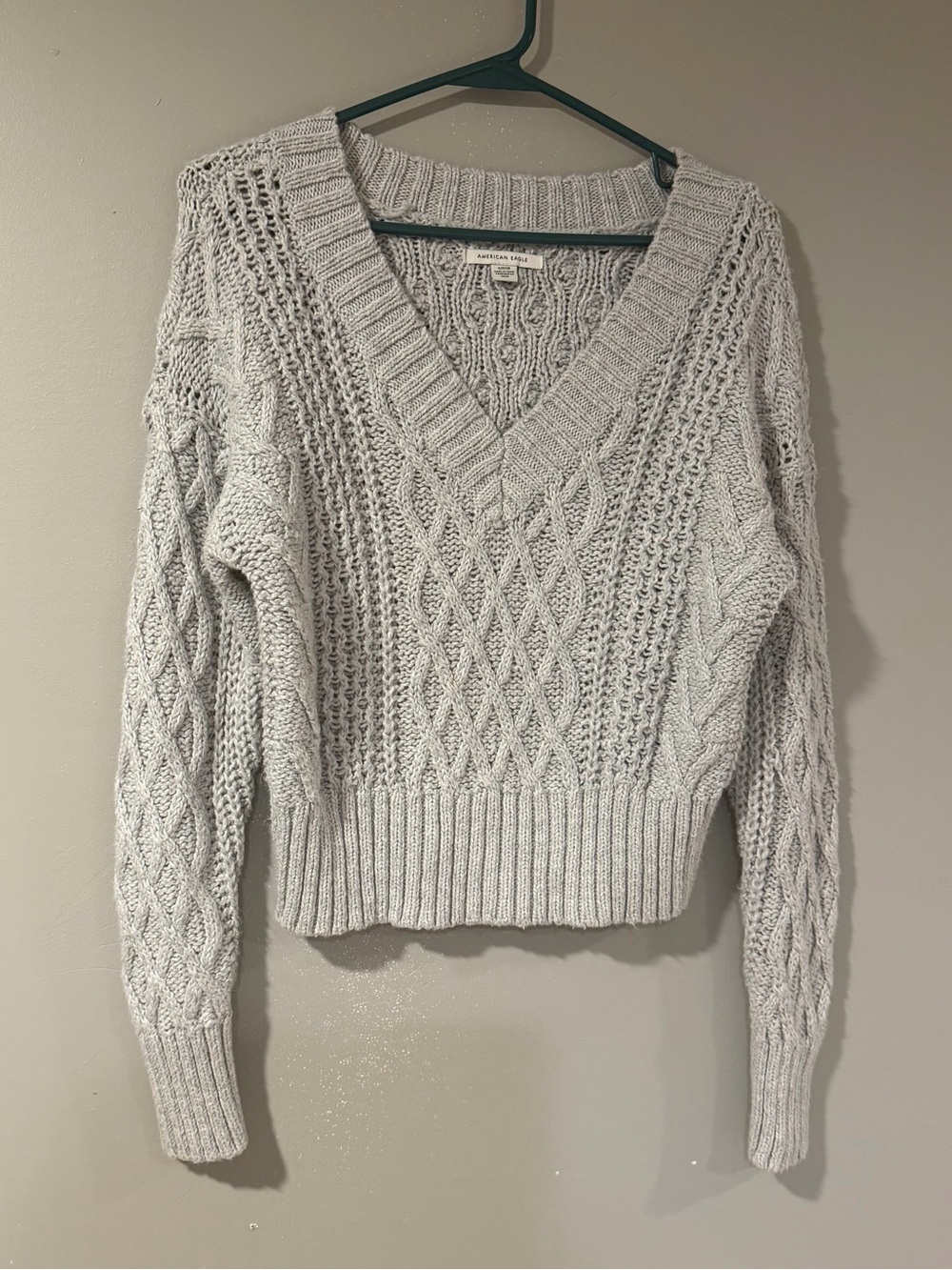 American Eagle Outfitters Light Heather Gray Cable V-Neck Sweater